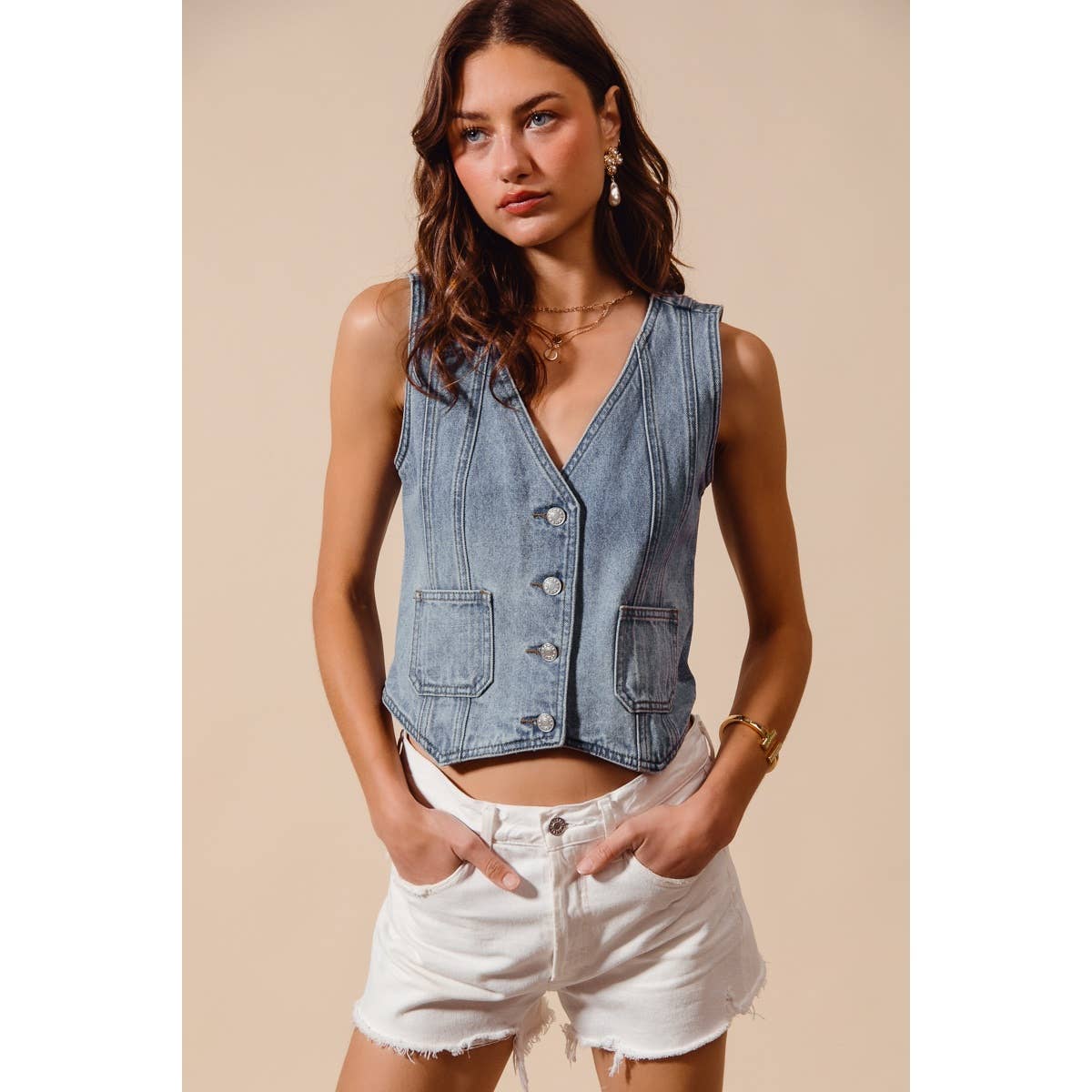 The Hudson Denim Vest: Light Wash  – Vintage Wash Button Front Denim Top