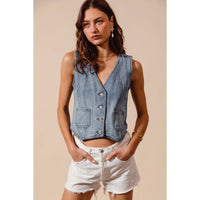 The Hudson Denim Vest: Light Wash  – Vintage Wash Button Front Denim Top