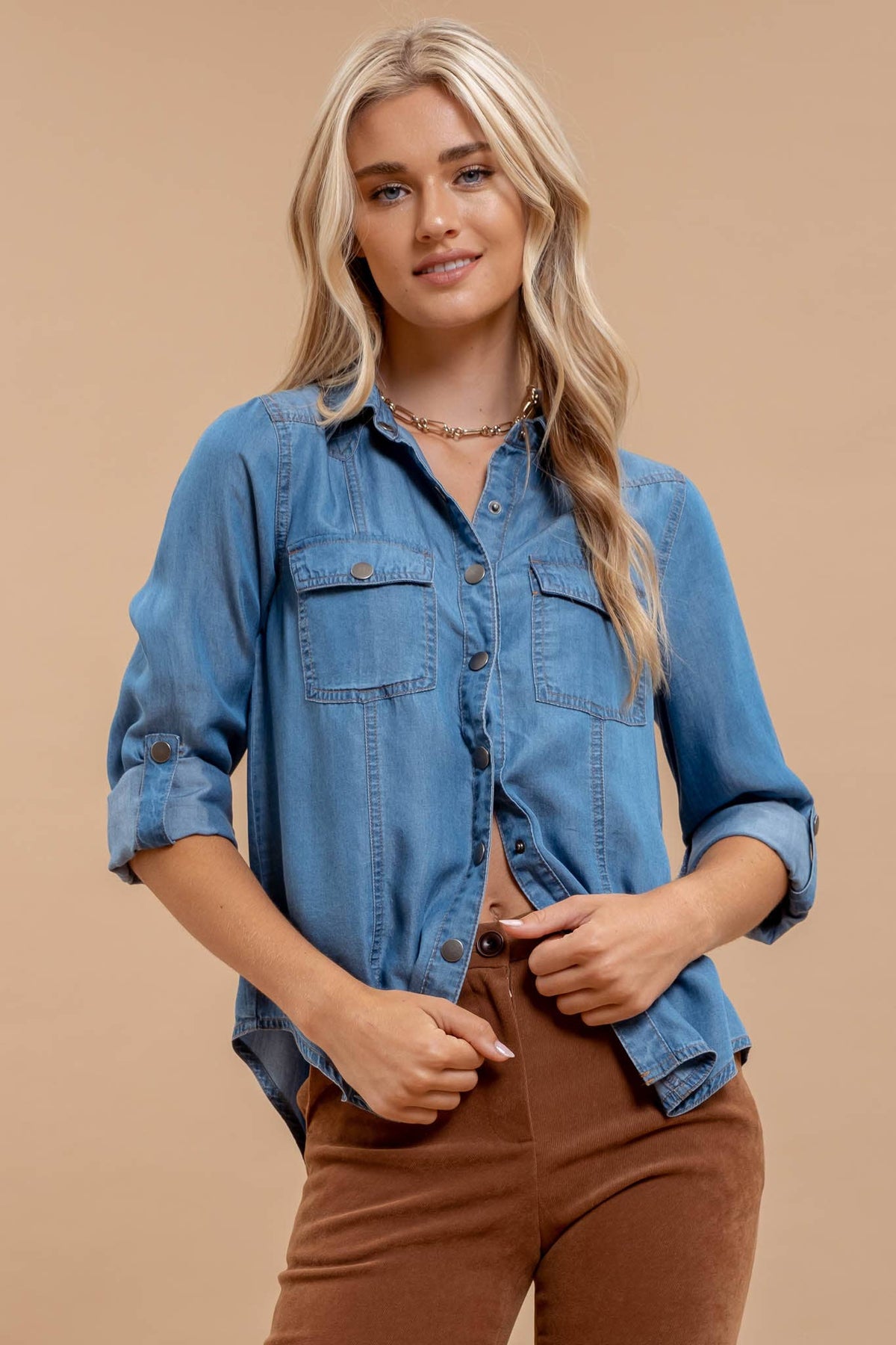 Callie Button Down 3/4 Tab Chambray Blouse: Medium Wash