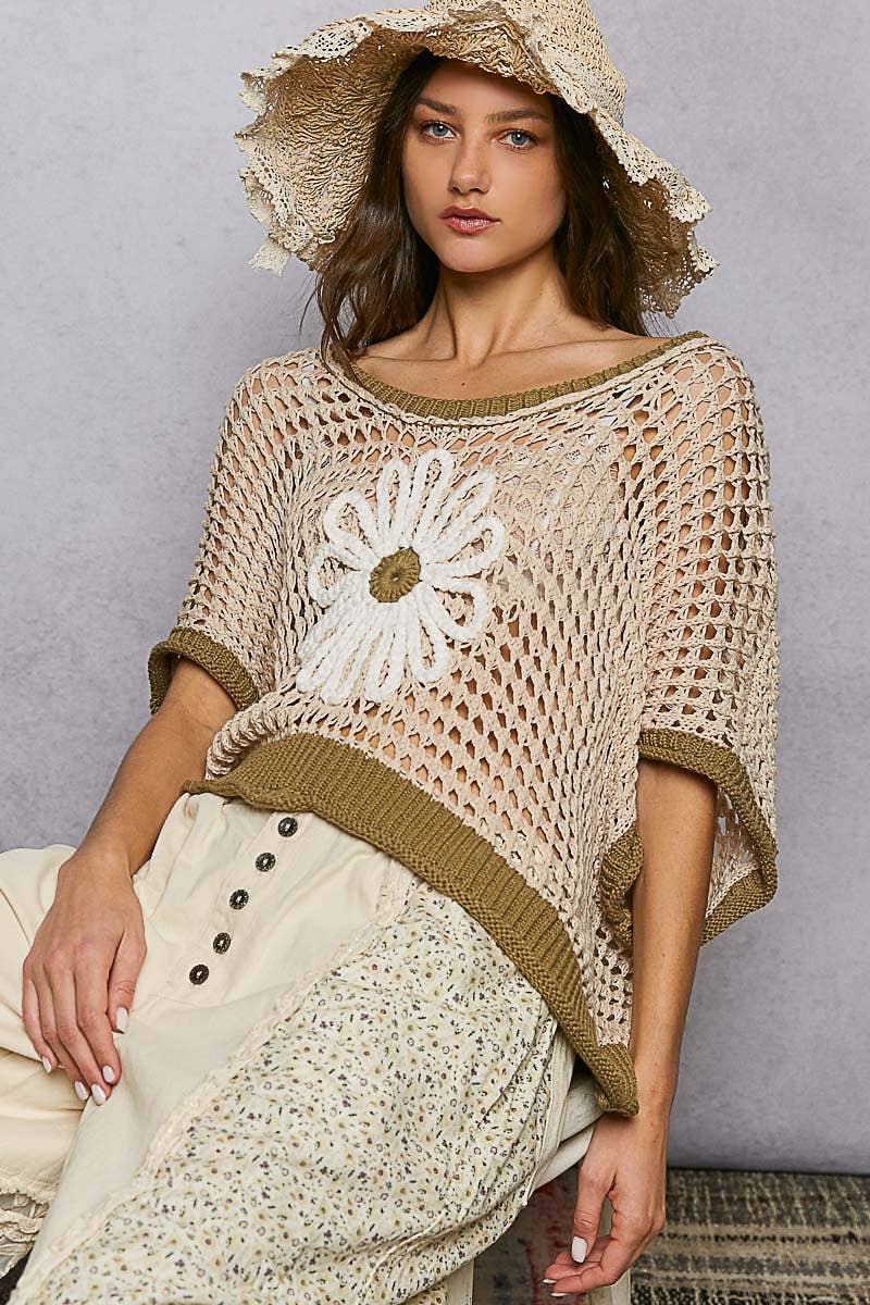 The Marigold Meadow Crochet Sweater: Beige/Olive