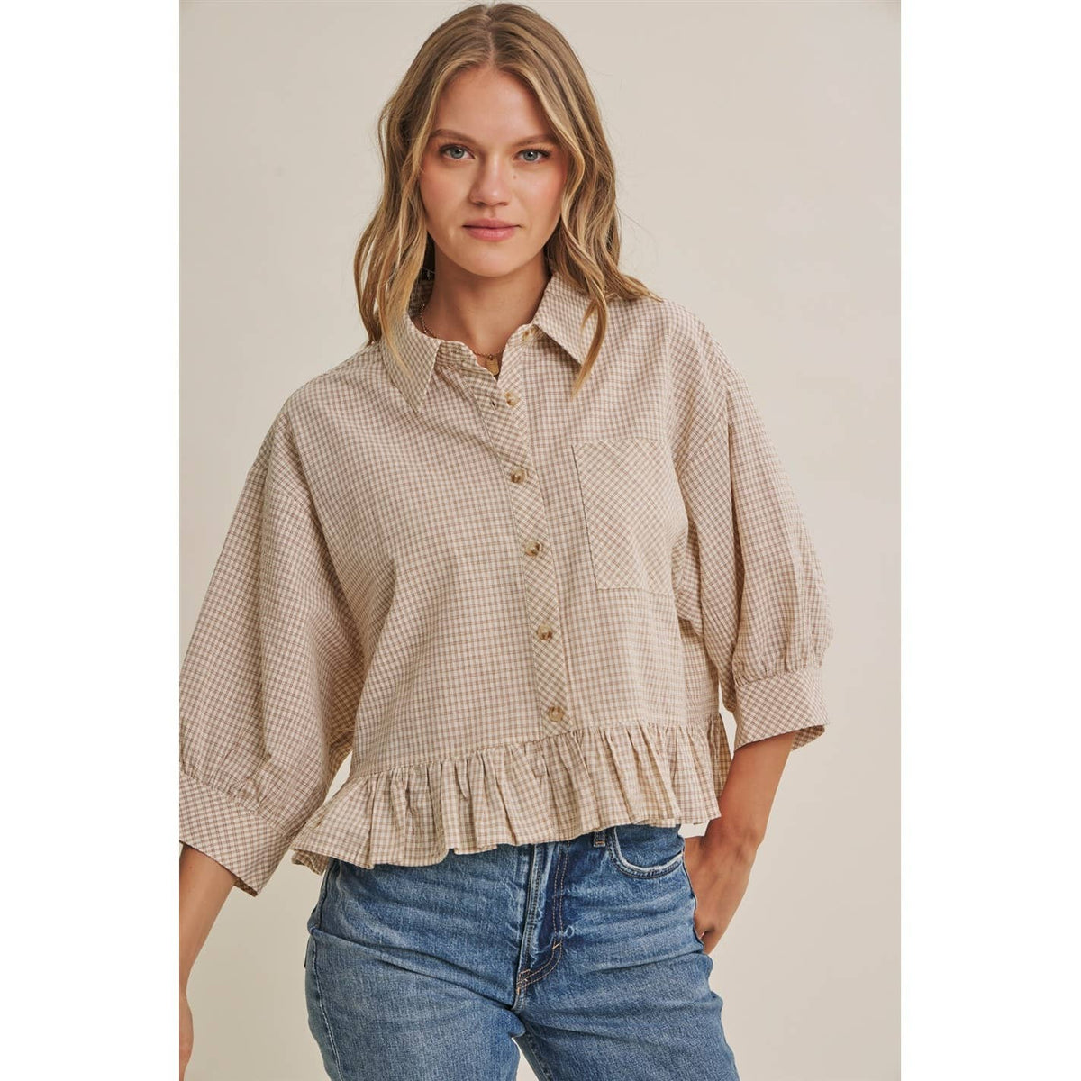 MORNING OAT MICRO CHECK RUFFLE HEM BUTTON-DOWN SHIRT: VANILLA / S