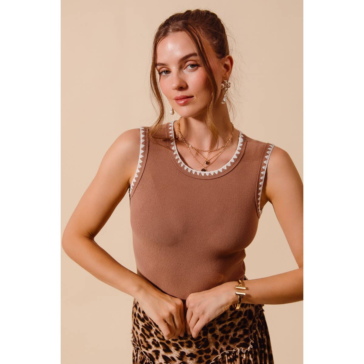 Avery Contrast Embroidered Ribbed Tank: Caramel