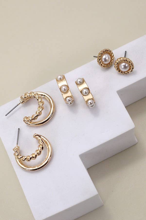 Gold Pearl Hoop & Stud Earring Trio – Anti-Tarnish Lightweight Post Set