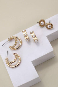 Gold Pearl Hoop & Stud Earring Trio – Anti-Tarnish Lightweight Post Set