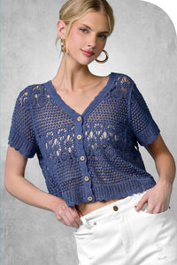 The Freya Crochet Cardigan Top: Indigo– Boho Open Knit Button Front Lace Top
