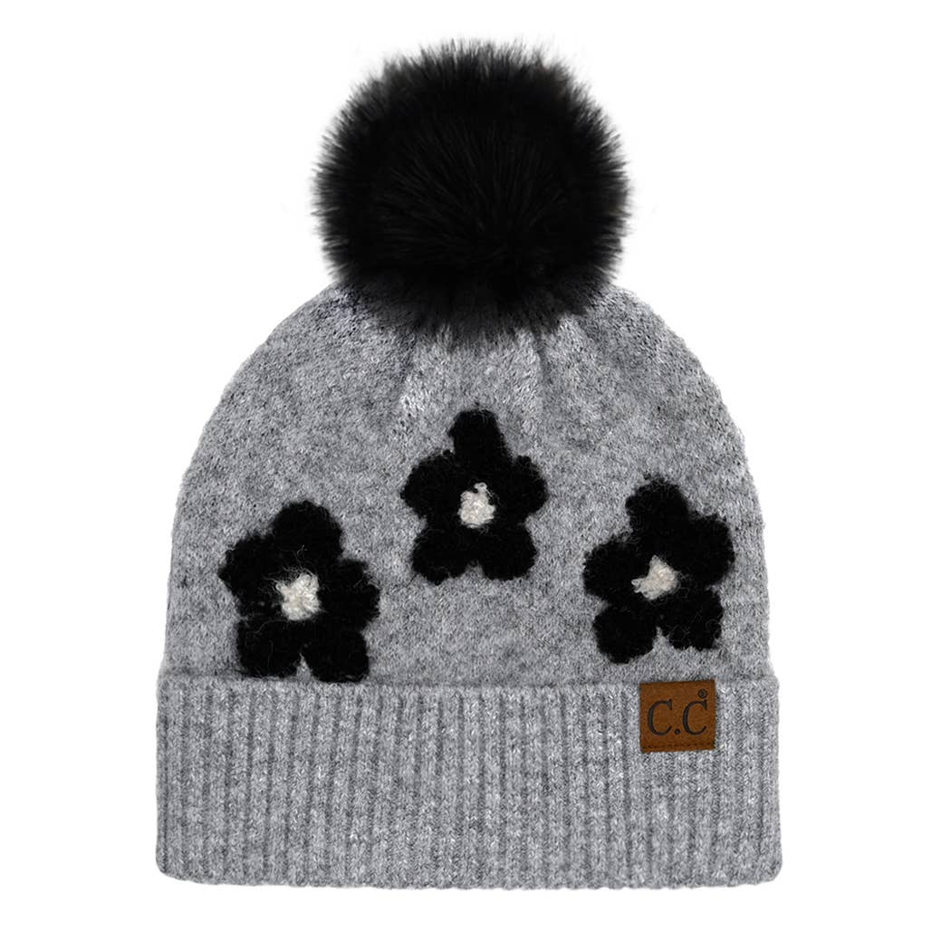 CC Daisy Patch Pom Beanie – Cream Floral Knit Cuff Hat with Faux Fur Pom