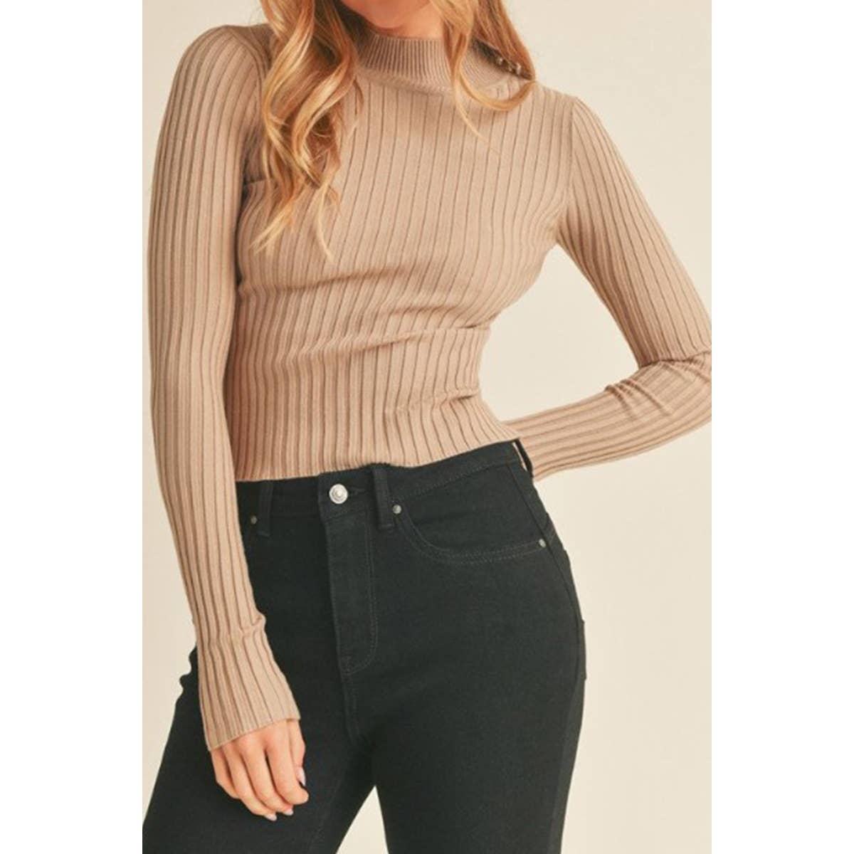 Lenni Slim Fit Ribbed Mock Neck Long Sleeve Top