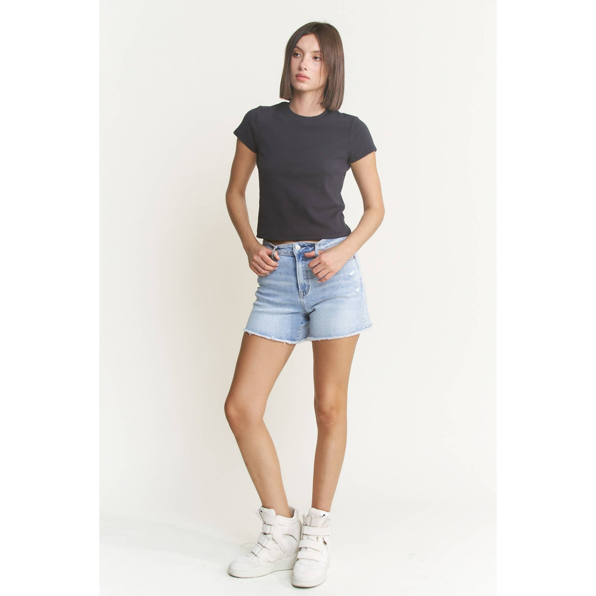 Mica Denim "City Blue" High Rise Denim Shorts: Light Wash- Frayed Hem | Comfort Stretch