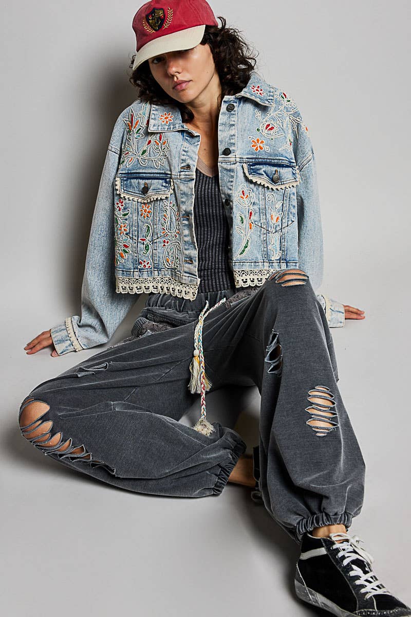 Magnolia Mae Embroidery Lace Trim Denim Jacket