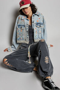 Magnolia Mae Embroidery Lace Trim Denim Jacket