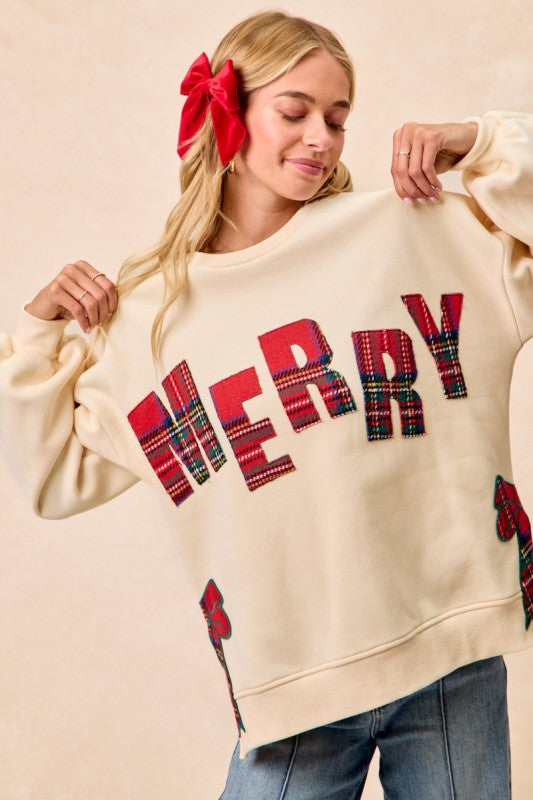 The Holly Jolly Plaid “Merry” Sweatshirt – Cream
