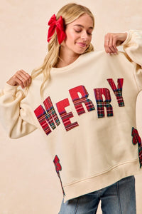 The Holly Jolly Plaid “Merry” Sweatshirt – Cream