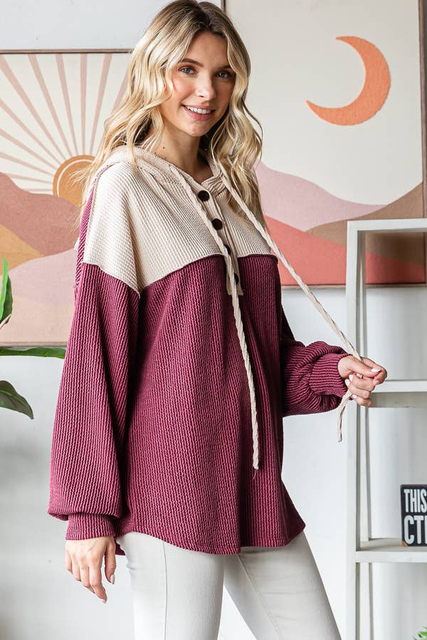 Elena Ribbed Button Front Hoodie – Colorblock Knit Pullover with Bishop Sleeves