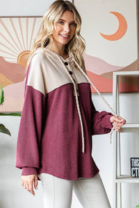 Elena Ribbed Button Front Hoodie – Colorblock Knit Pullover with Bishop Sleeves