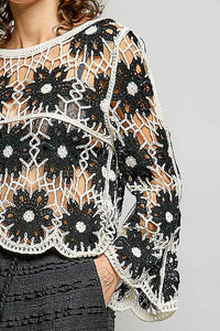 The Delilah Crochet Floral Top: Black/ Ivory