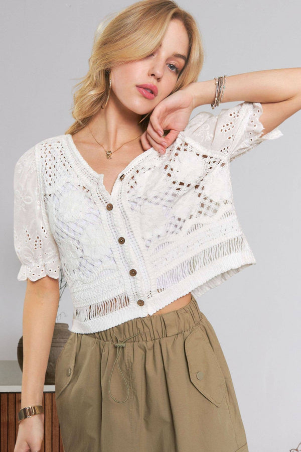 The Savannah Eyelet Lace Crochet Blouse: Ivory