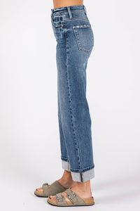 Ella High Rise Relaxed Straight Jeans with Cuffed Hem – Medium Wash