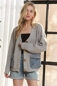 CESW3855A-BUTTONS STRIPED DENIM POCKETS CARDIGAN: LT GREY / SM-ML(3-3)