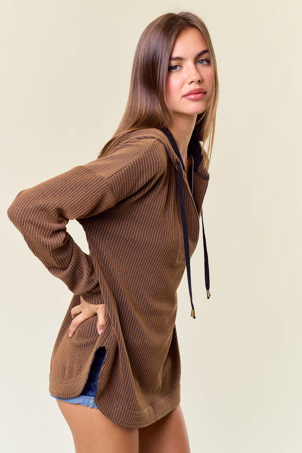 Willa Stripe V-Neckline Long Sleeve Hooded Sweatshirt: Caramel