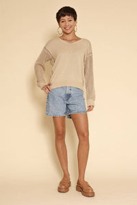 Rena Crochet Sleeve Casual Knit Long Sleeve Top: Sand