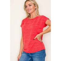 Sadie Red Crew Neck Textured Knit Top | Casual Short Sleeve Tee