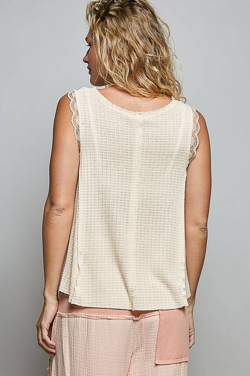 The Marlowe Lace Detail Tank Top: Vanilla – Button Front A-Line Sleeveless Knit Blouse