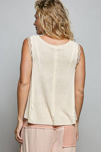The Marlowe Lace Detail Tank Top: Vanilla – Button Front A-Line Sleeveless Knit Blouse