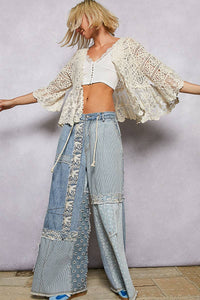 V-neck Short Sleeve Crochet Floral Lace Cardigan: NATURAL / OS