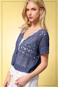 The Freya Crochet Cardigan Top: Indigo– Boho Open Knit Button Front Lace Top