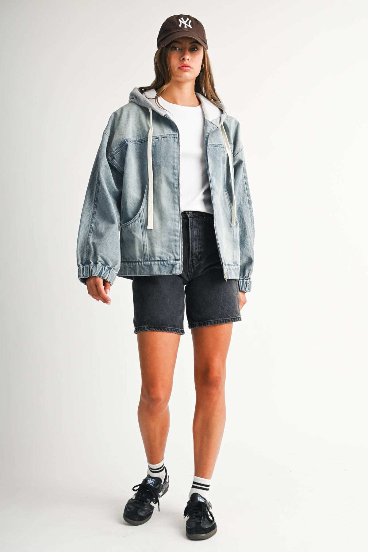 Off the Clock Mineral Wash Denim Hoodie Jacket: Light Wash