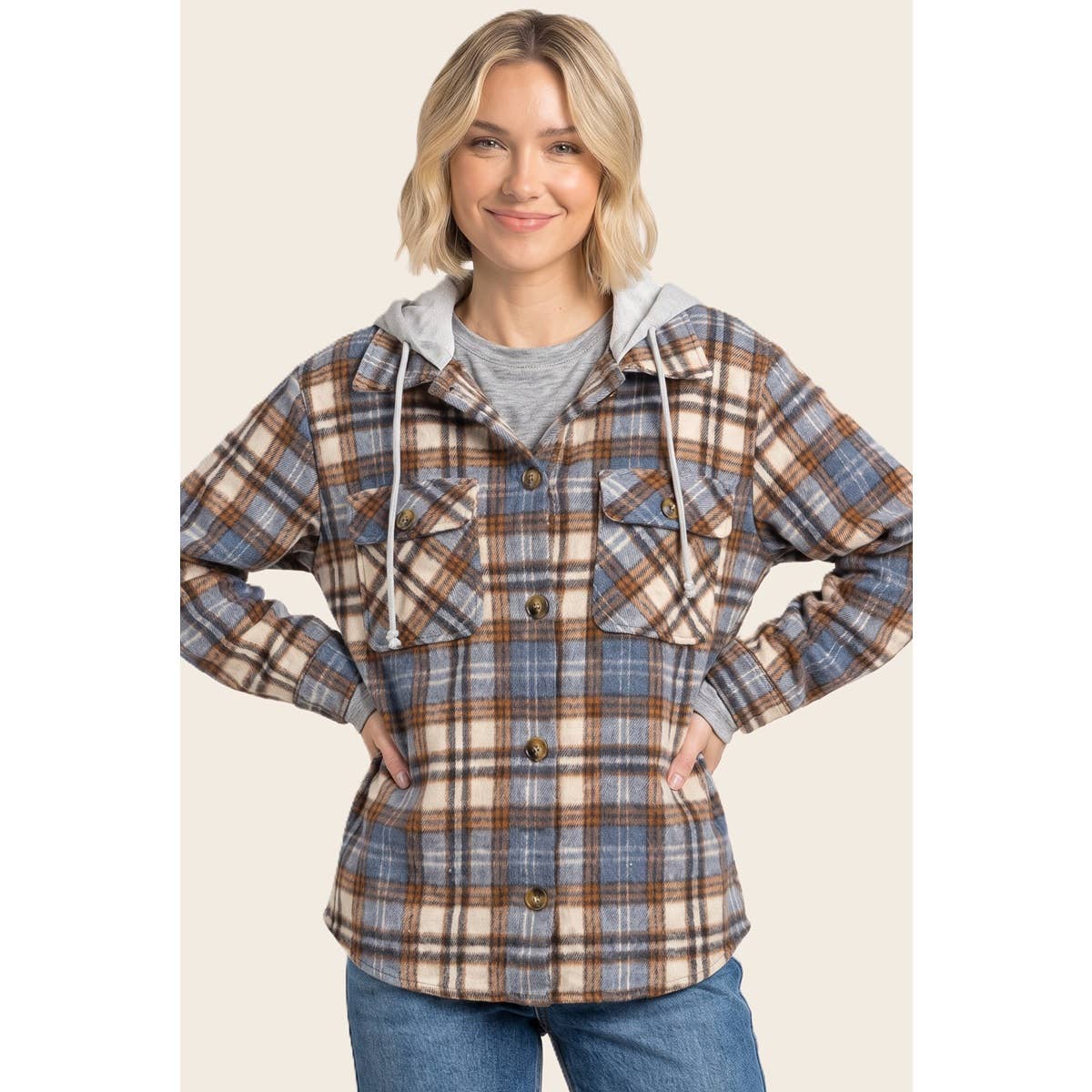 Layer Up Plaid Hooded Shacket: Brown/ Blue