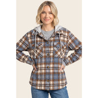 Layer Up Plaid Hooded Shacket: Brown/ Blue