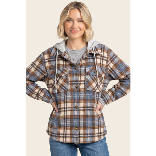 Layer Up Plaid Hooded Shacket: Brown/ Blue