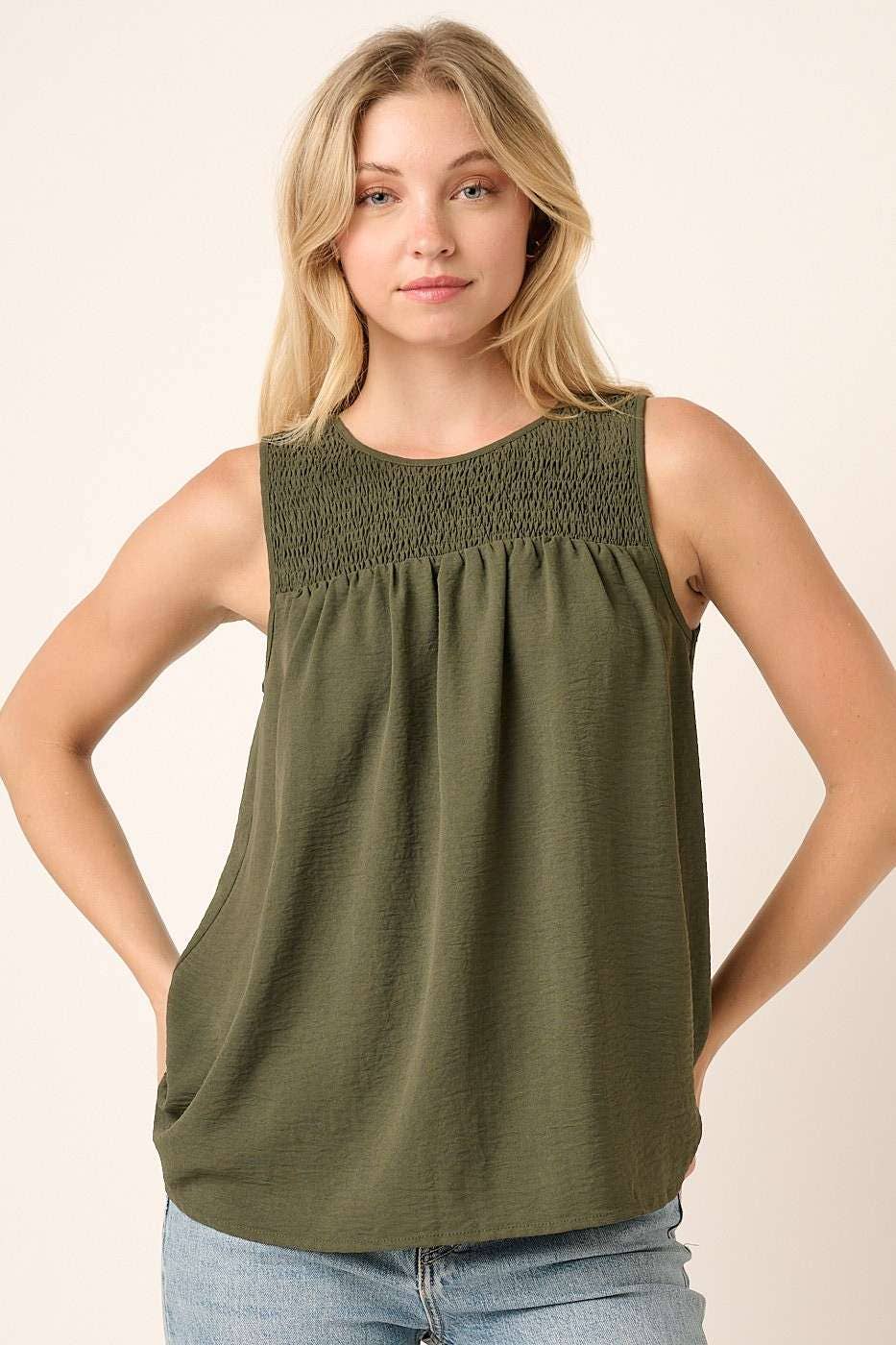 Stacie Smocked Airlfow Sleeveless Blouse: Olive