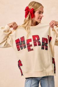 The Holly Jolly Plaid “Merry” Sweatshirt – Cream