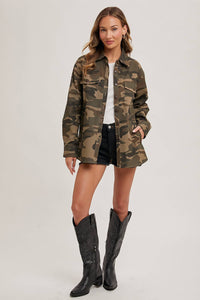 Andie Button Down Camo Shacket: Army