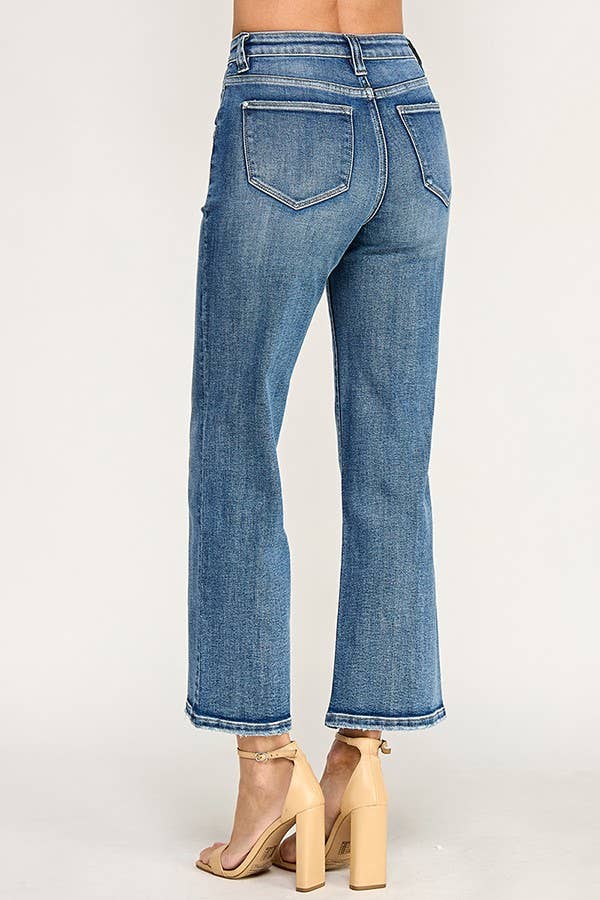 Petra153 "Sutton" Patch Pocket  High Rise Slim Wide Leg Jeans: Medium Wash