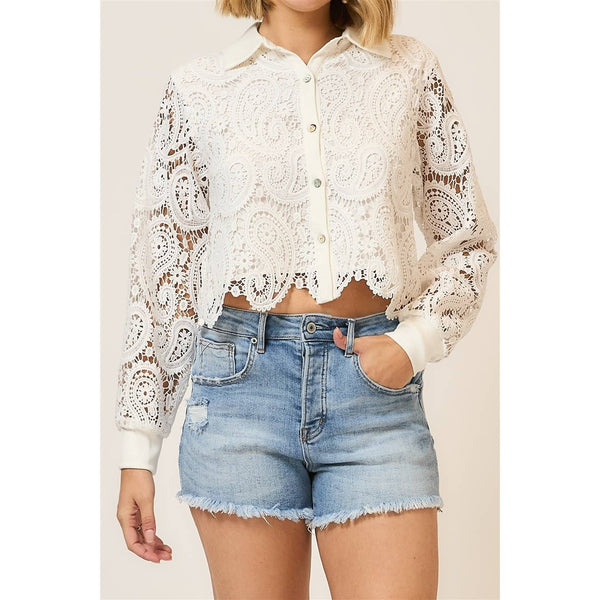 Ivory Paisley Lace Cropped Blouse: Off White