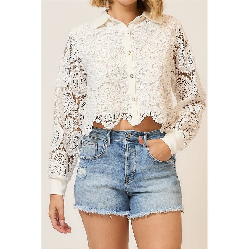 Ivory Paisley Lace Cropped Blouse: Off White