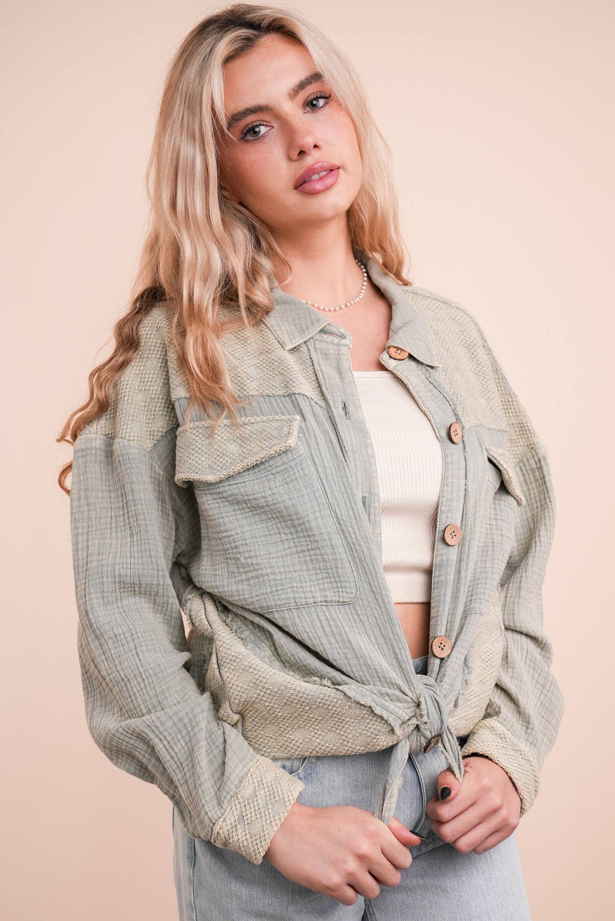 Harbor Breeze Mineral Washed Gauze Shacket – Mixed Fabric, Raw Edge Detai