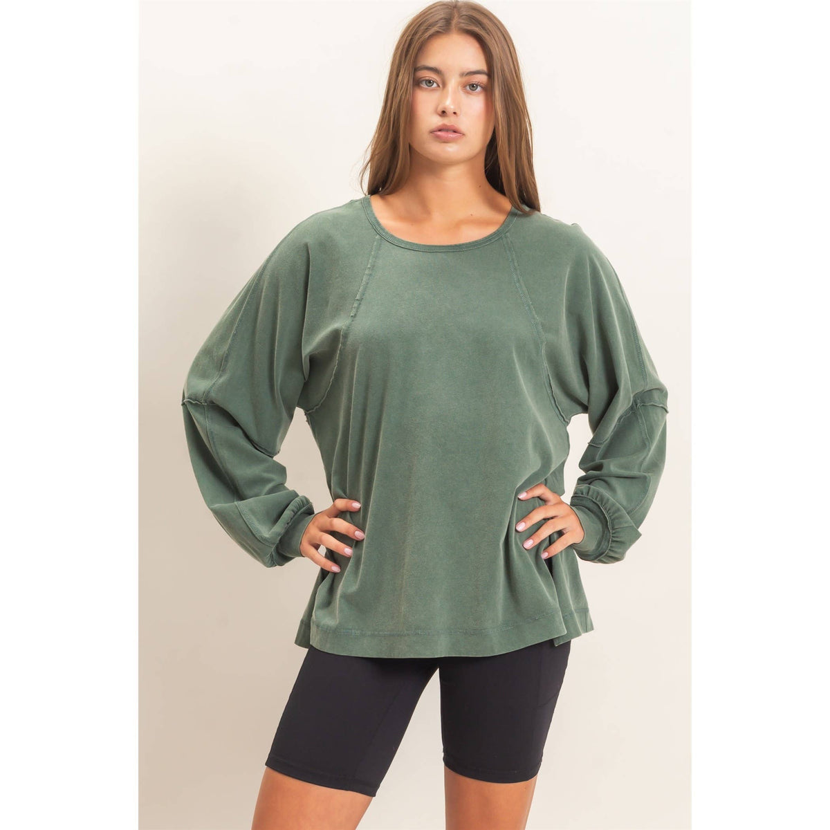 Weekend Ease Snow Wash Raglan Top: Dark Green