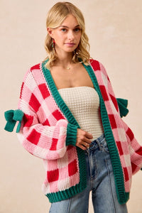 Holly Jolly Check Knit Cardigan – Pink & Red Plaid Christmas Sweater with Ribbon Detail