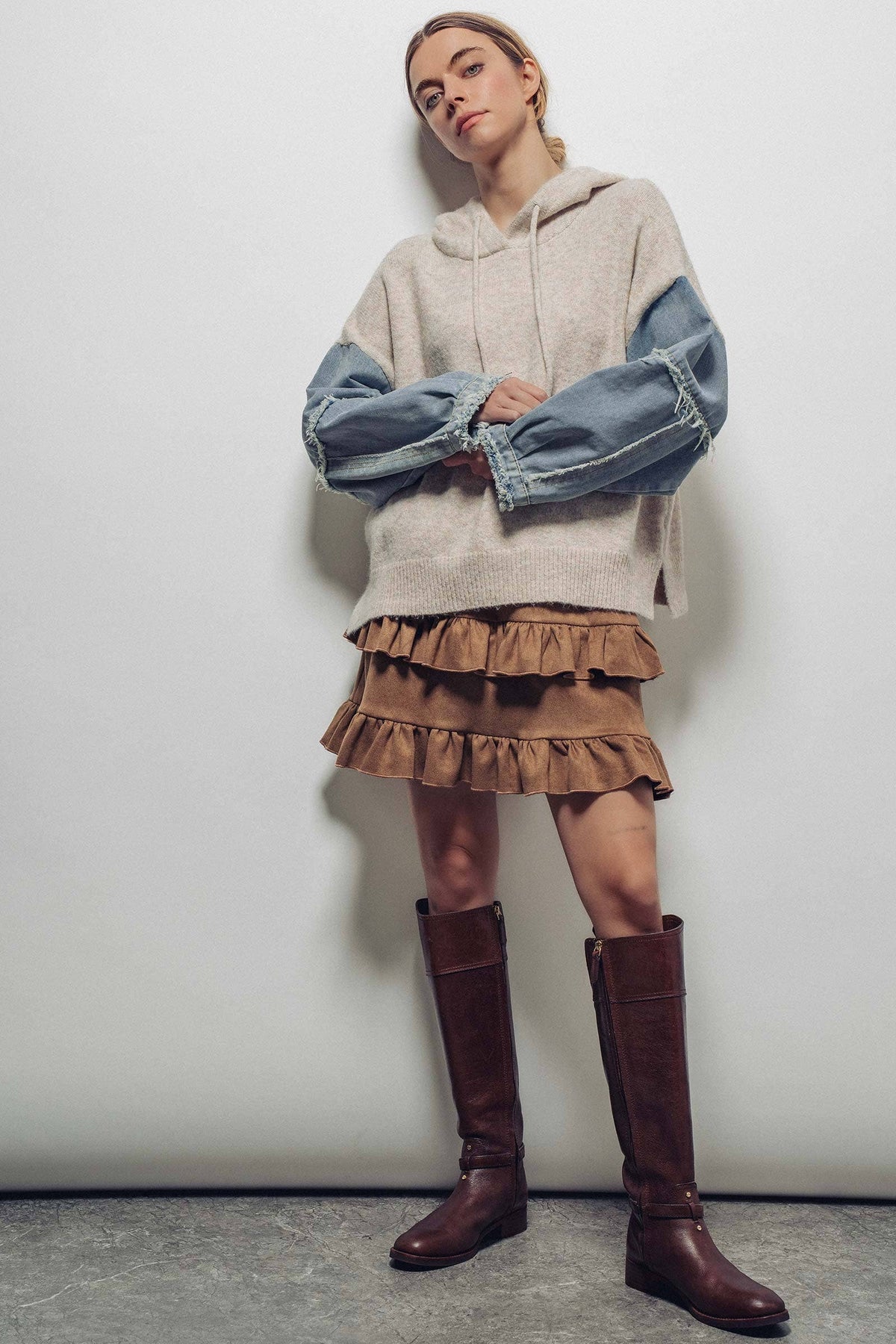 Snowfall Patchwork Hoodie – Mixed-Media Knit & Denim Sleeve Pullover | Northern Belle Boutique