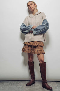 Snowfall Patchwork Hoodie – Mixed-Media Knit & Denim Sleeve Pullover | Northern Belle Boutique