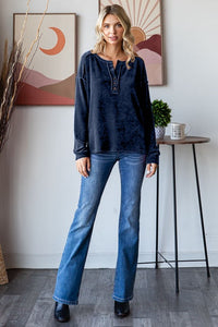 Midnight Chenille Button Detail Long Sleeve Top: Navy