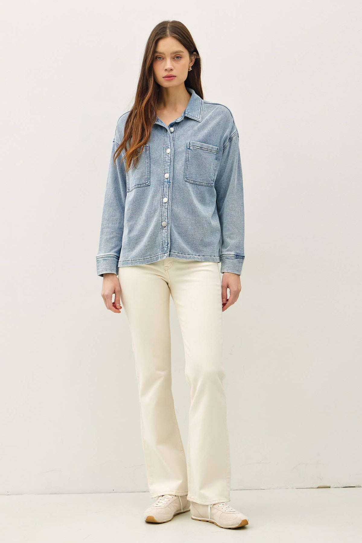The Mercer Cropped Denim Shacket – Garment Dyed Stretch Shirt Jacket for Women