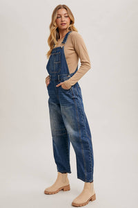 Juniper Barrel Leg Denim Overalls – Vintage Medium Wash Barrel-Leg Overalls with Adjustable Straps
