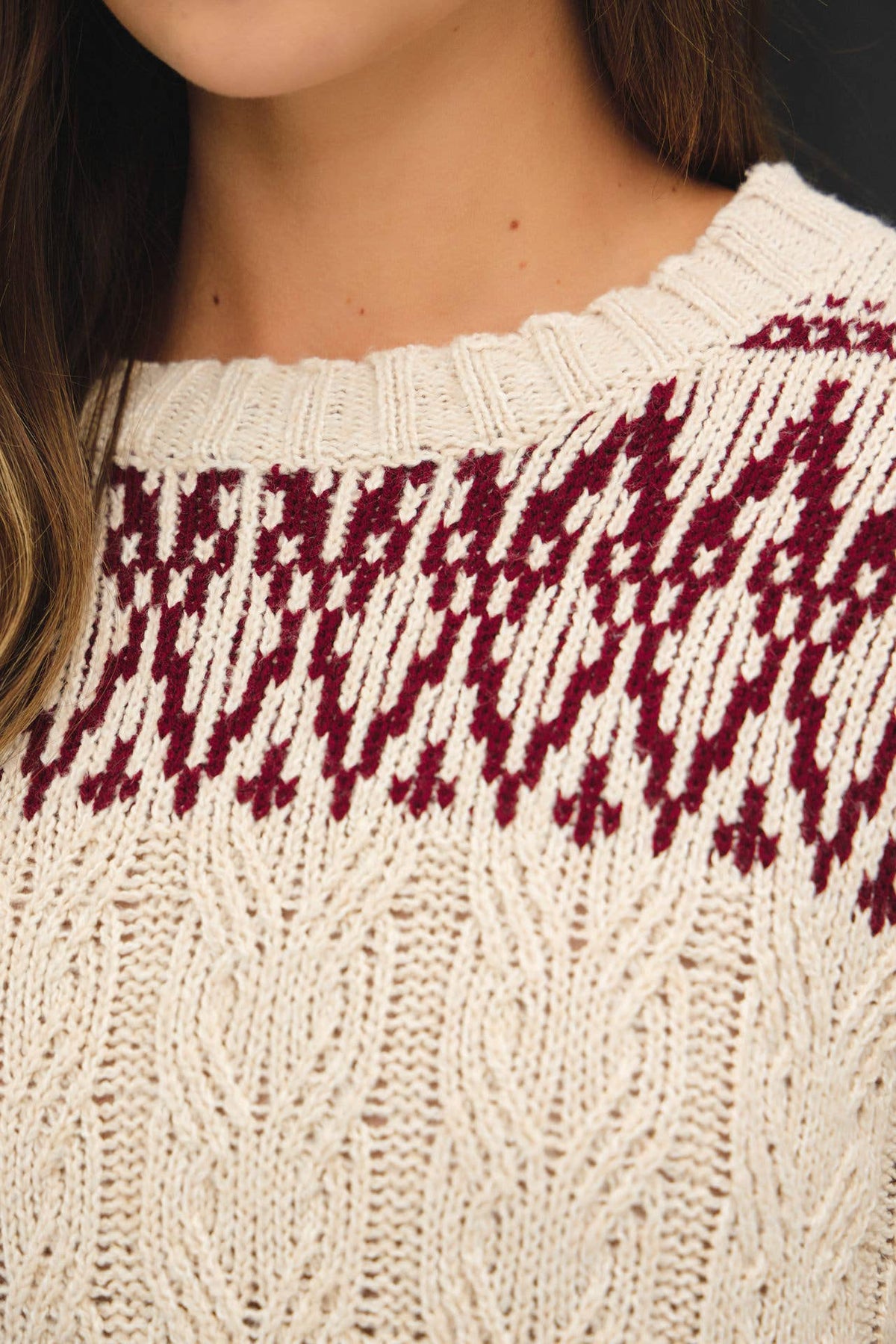 The Storybook Fair Isle Sweater: oatmeal/burgundy