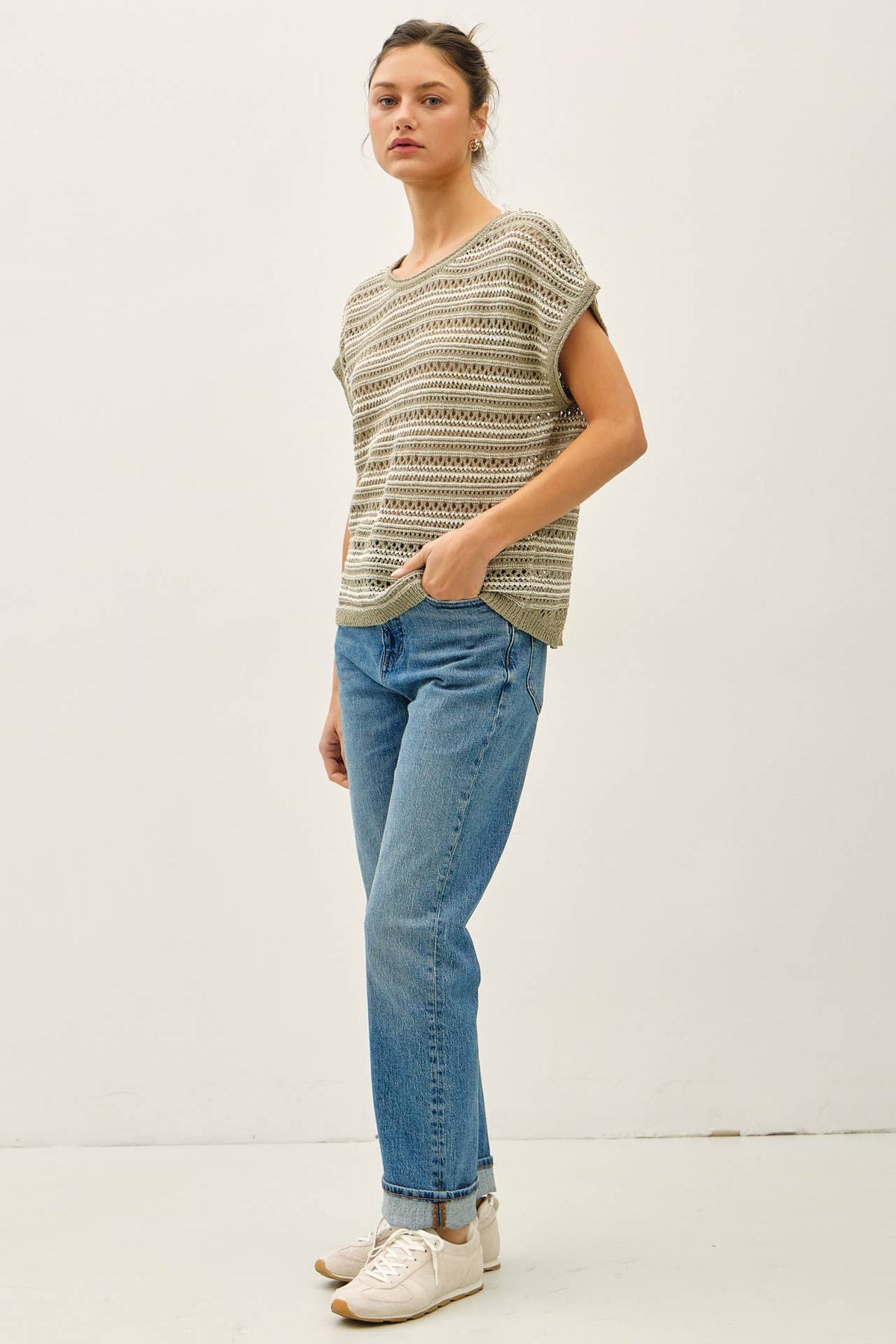 The Alessia Striped Crochet Sweater Top: Sage  – Oversized Boat Neck Spring Knit