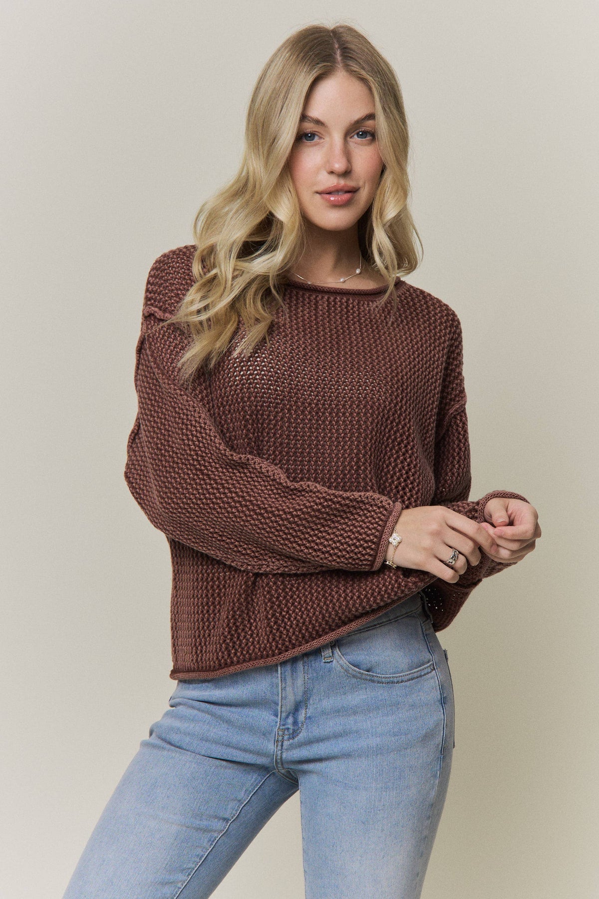 No Plans Textured Cotton Sweater: Brick